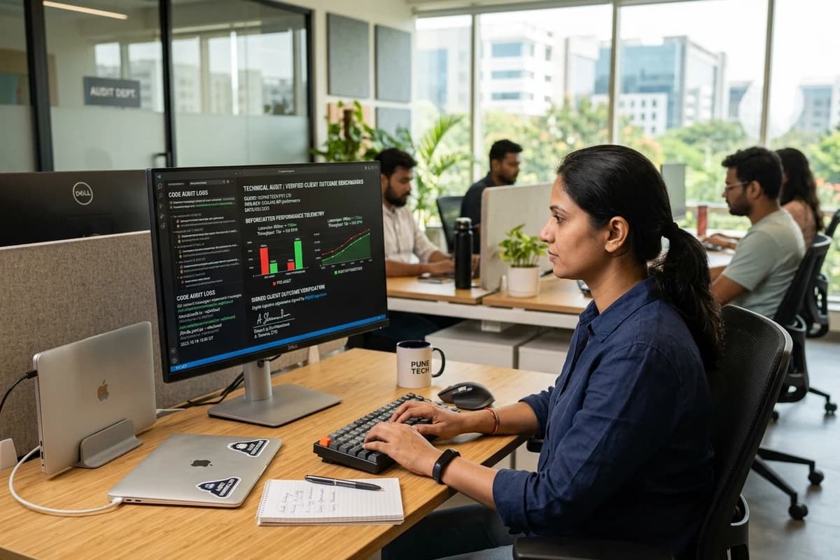 Technical audit workstation in modern Indian enterprise software firm displaying verified empirical case study benchmarks, performance telemetry, and signed client outcomes