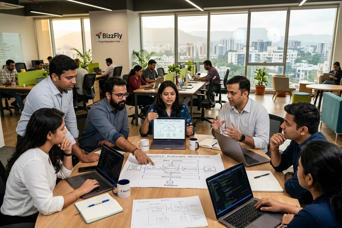 BizzFly engineering and leadership team collaborating around platform architecture blueprints in the Pune Innovation Hub