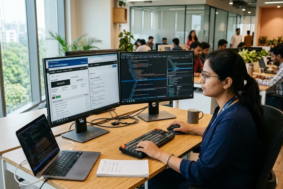 Indian female software engineer performing WCAG 2.2 accessibility audit, color contrast validation, and code inspection across dual monitors in Pune office