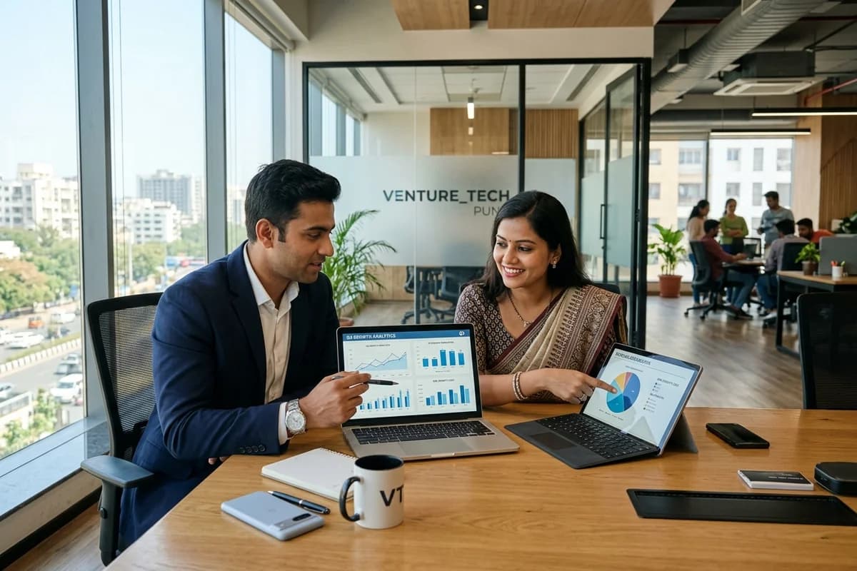 Indian business leader and technology partner collaborating at conference desk reviewing digital growth diagnostics and performance charts on laptops in Pune office