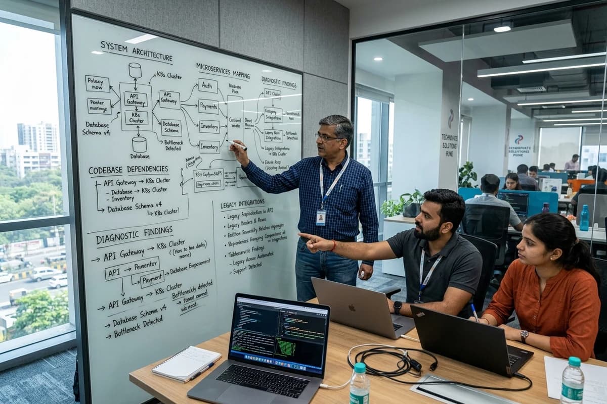 Indian technology consultants and systems architect mapping microservices dependencies and diagnostic audit findings on glass whiteboard in Pune office