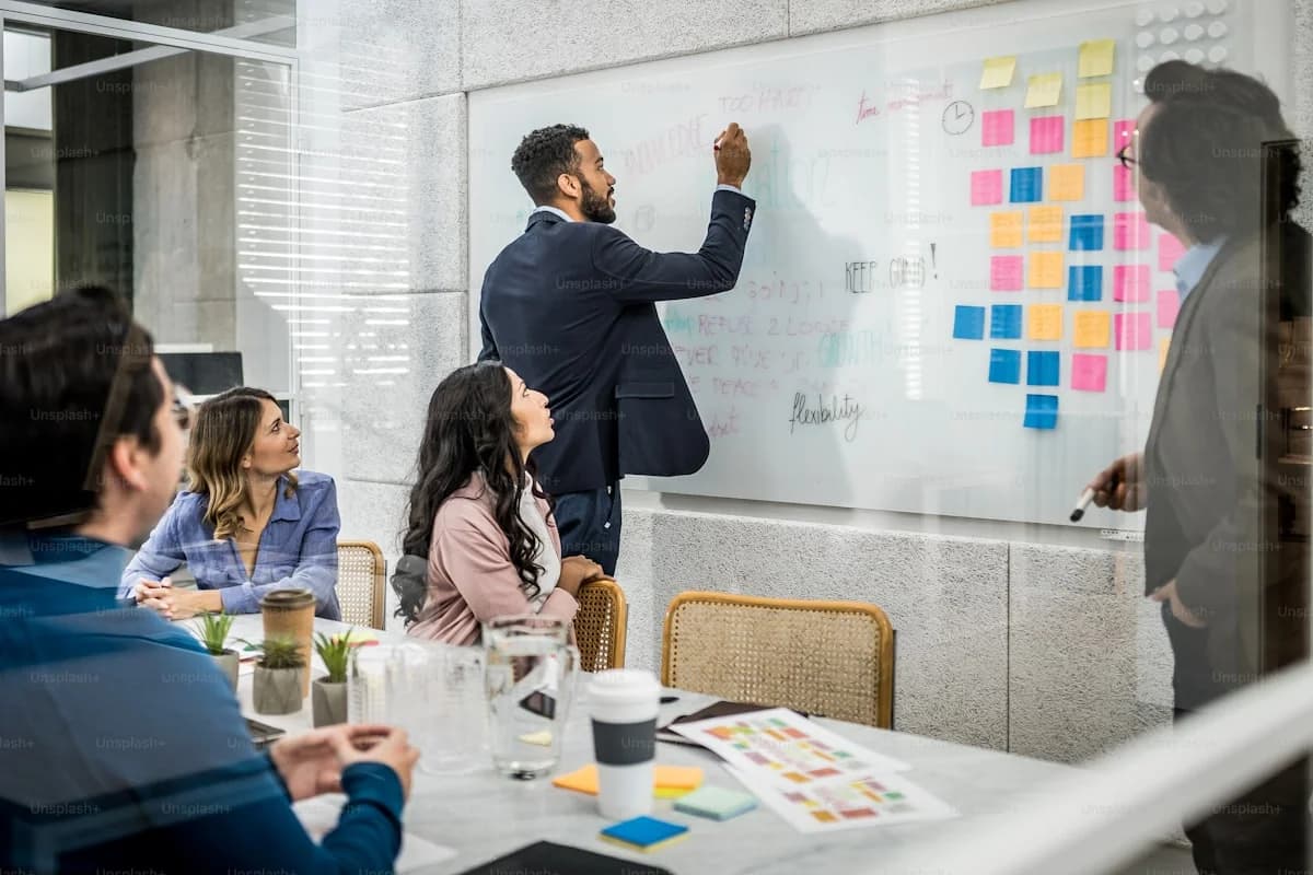 BizzFly software development team mapping domain entities and service architecture in a conference room