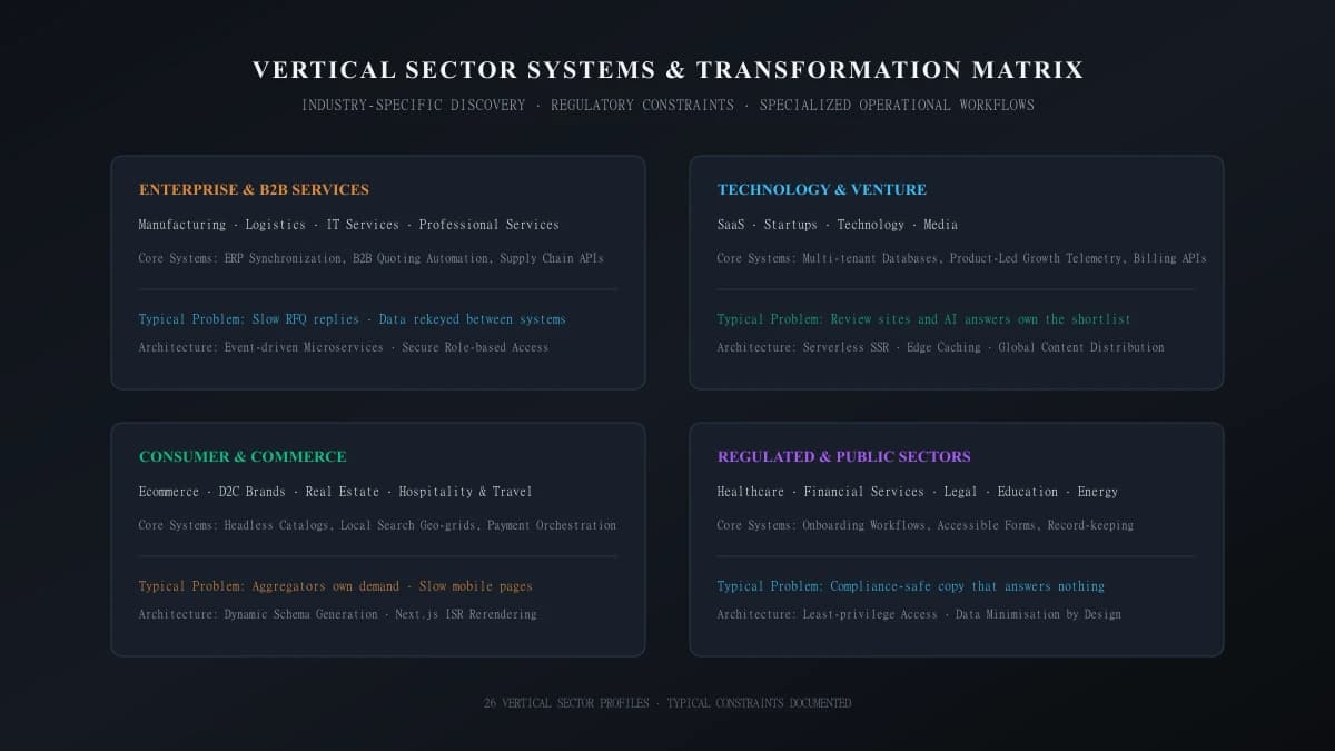 Vertical sector systems and transformation matrix detailing specialized operational workflows across 26 industries