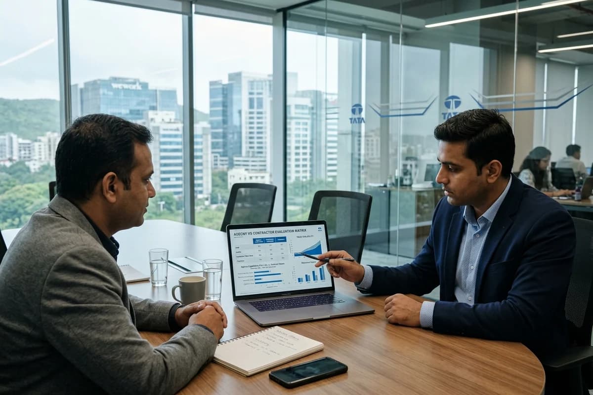 Corporate Indian procurement leader and technology director evaluating an agency vs contractor comparison matrix on a laptop in a modern conference room