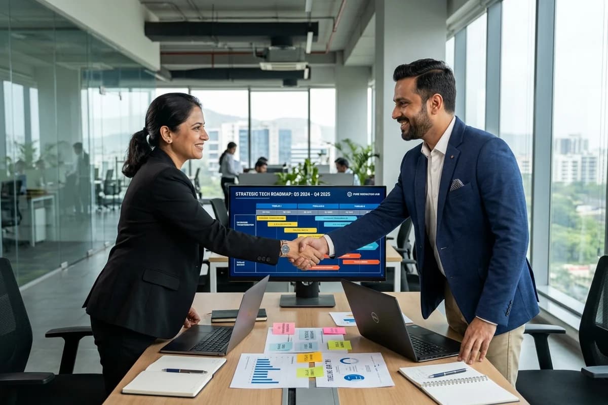 Professional Indian business executive and digital growth partner shaking hands over a strategic technology roadmap in a modern Pune office