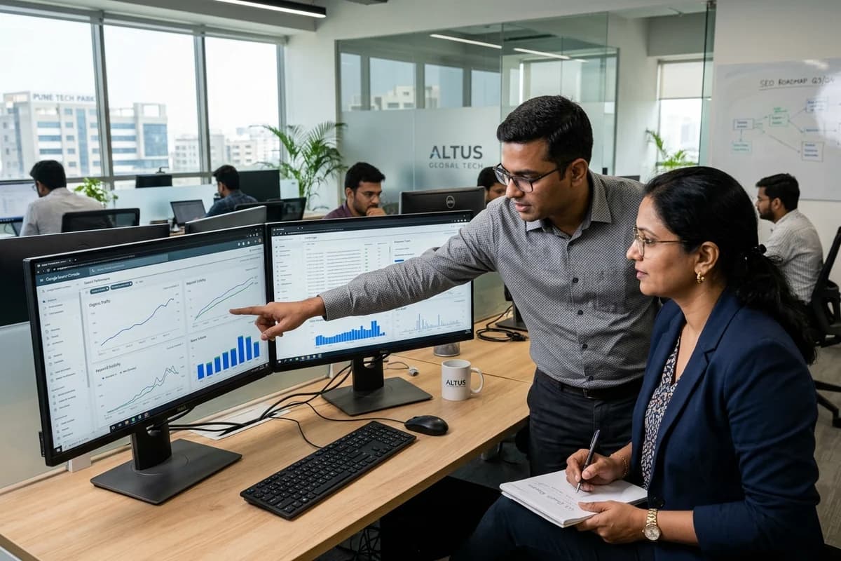 Professional Indian technical SEO consultant and marketing executive analysing organic traffic growth curves and crawl data on dual monitors in Pune tech office