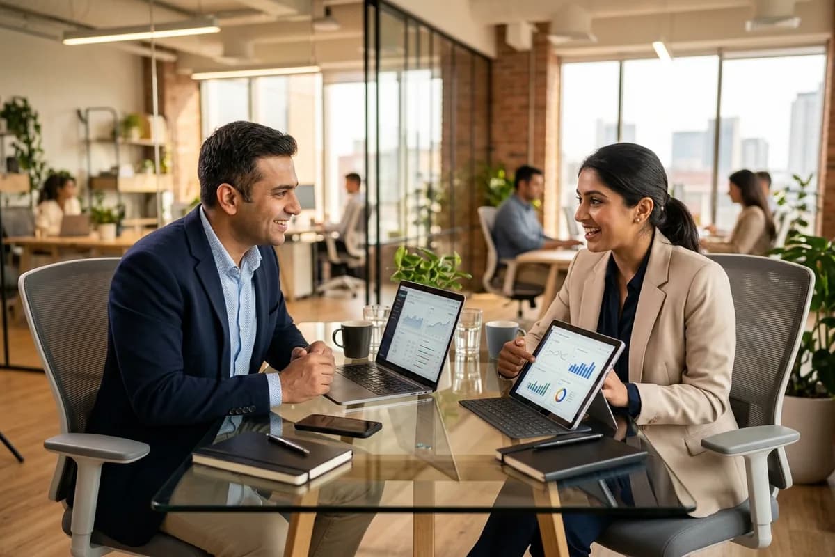 Indian digital marketing strategists collaborating across modern glass desk with tablet and laptop analysing growth metrics