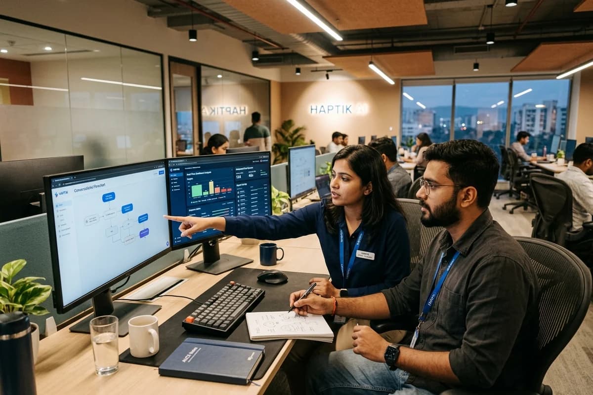 Professional Indian conversational AI engineers and customer experience specialists analysing chatbot flowcharts and live sentiment metrics across dual monitors