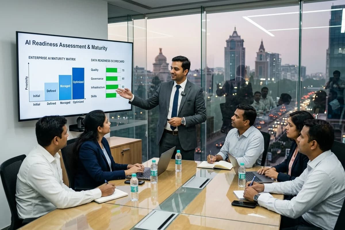 Senior Indian enterprise IT consultant presenting an AI maturity matrix and data readiness scorecard in a glass boardroom overlooking the Bengaluru skyline