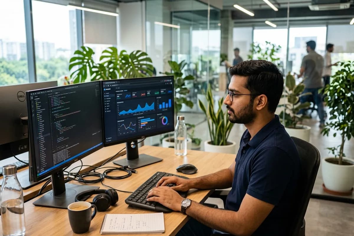 Indian senior software engineer analysing enterprise application code and system metrics across dual monitors at workstation