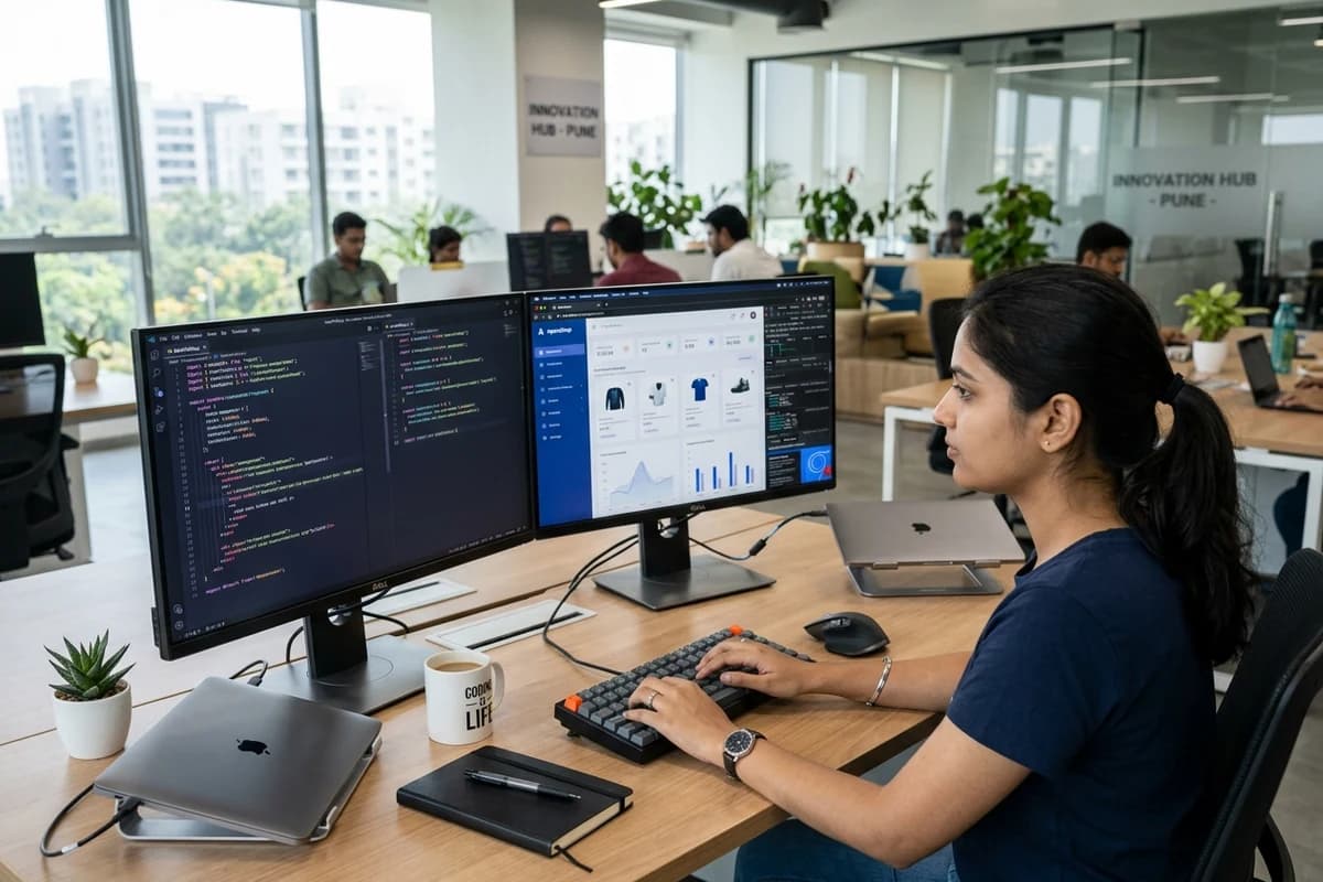 Indian software engineer at innovation hub in Pune developing full-stack responsive web application with React components on dual monitors