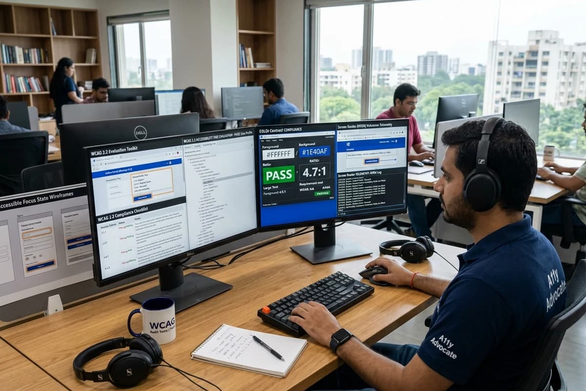 Web accessibility engineer in Pune conducting WCAG 2.2 Level AA compliance evaluation, screen reader testing, and color contrast audit across dual monitors