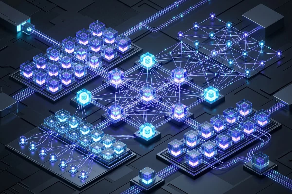 Modern 3D isometric systems architecture illustrating neural networks, artificial intelligence pipelines, and deep learning compute nodes