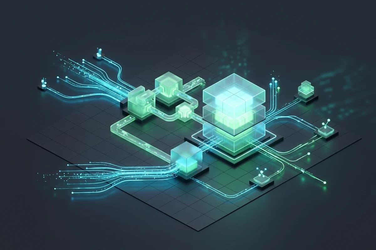 Isometric 3D enterprise data warehouse architecture displaying real-time streaming ETL pipelines and centralized analytics store