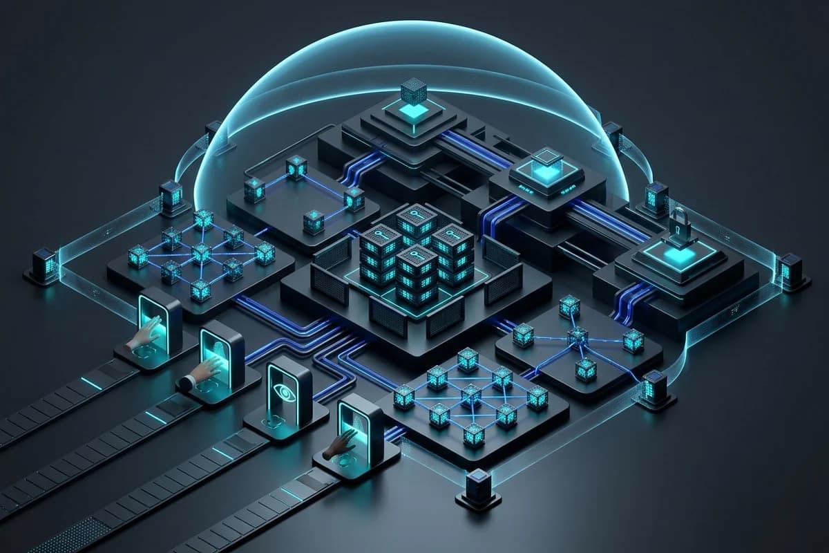 Enterprise zero-trust cybersecurity architecture with biometric authentication, encrypted access gates, and protected data repositories