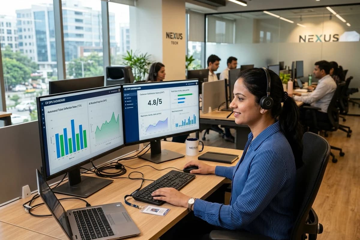 Indian customer support operations lead in modern Bengaluru tech hub monitoring automated ticket deflection rates and customer satisfaction metrics on dual monitors