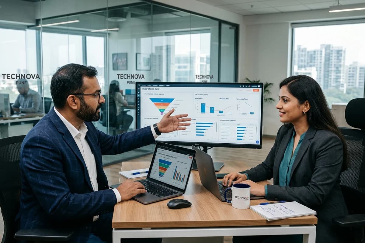 Indian sales operations lead and enterprise director analysing automated CRM pipeline conversion funnels on high-resolution monitor in modern tech office