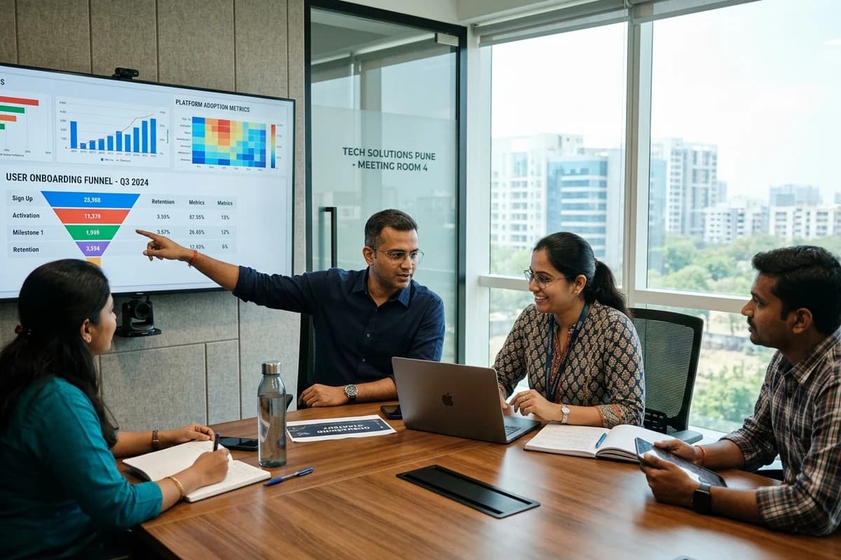 Indian customer onboarding and client success team reviewing user activation funnels and platform adoption metrics in a modern Pune conference room