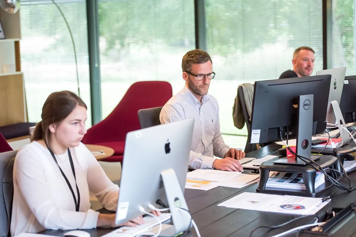Software engineers collaborating on webhook architecture, component code, and system standards