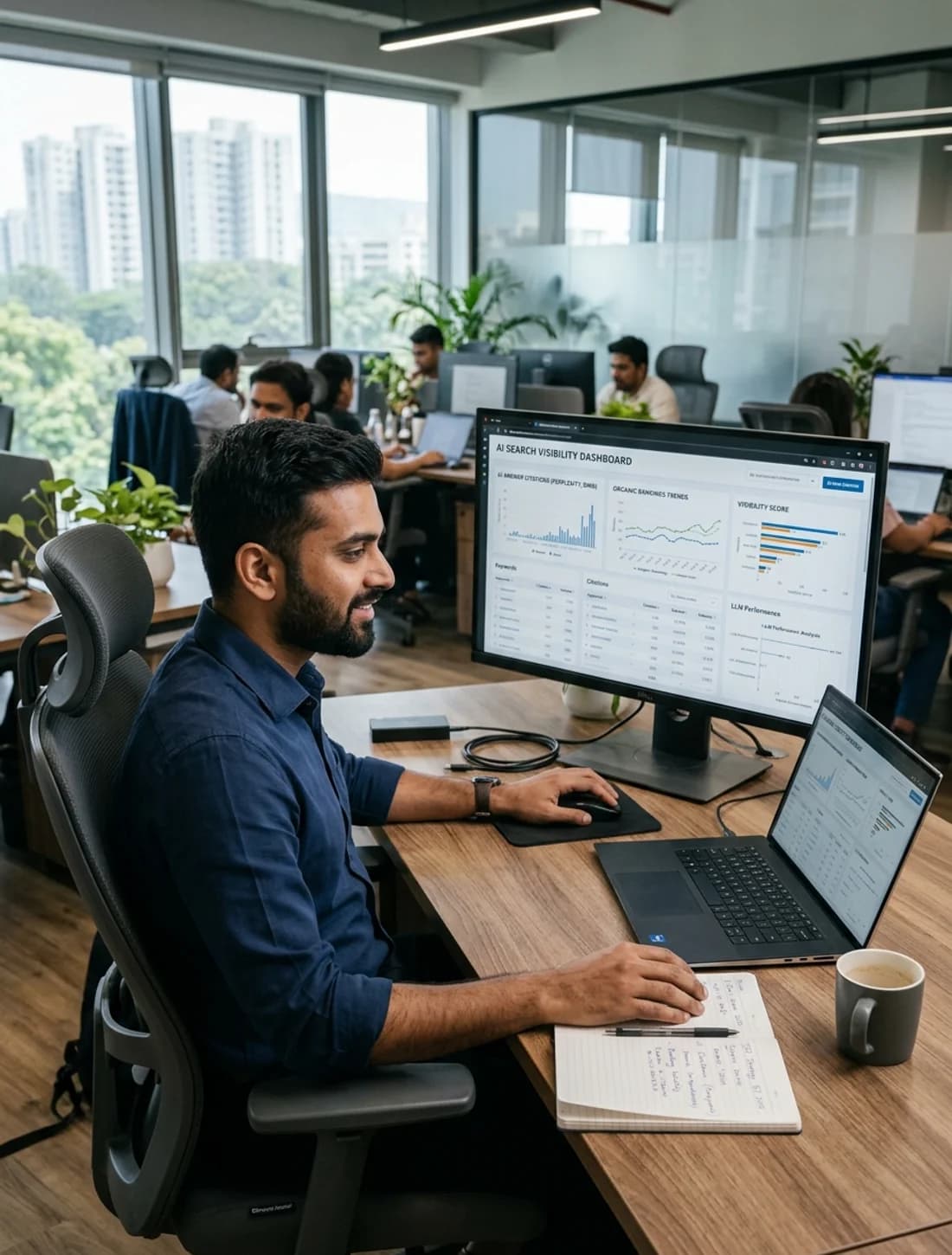 Search performance analyst comparing ranked results against click-through data on a workstation monitor