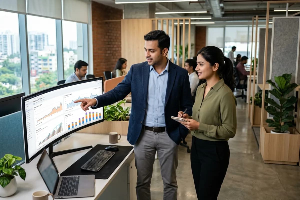 Indian search visibility director and analyst reviewing organic search analytics on ultra-wide monitors