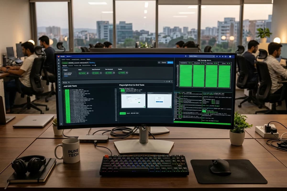 Automated software testing workstation in Pune tech office showing Jest unit tests, Playwright end-to-end test execution, and code coverage matrix