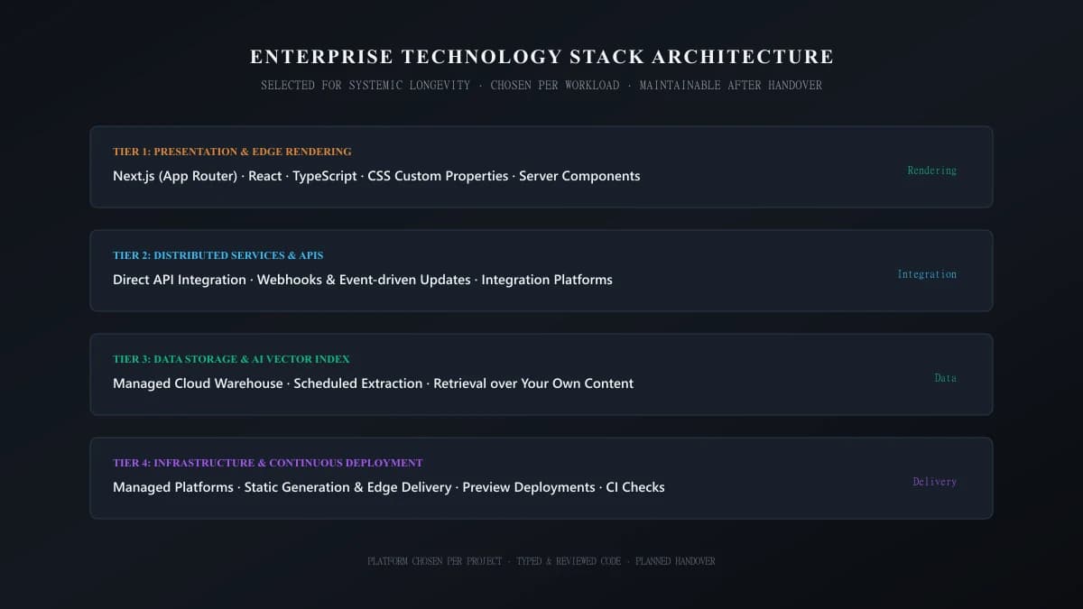 Enterprise technology stack architecture across edge presentation, distributed APIs, vector databases, and cloud infrastructure