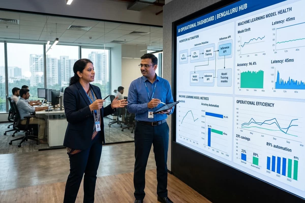 Indian enterprise AI operations director presenting workflow automation pipelines, ML model health, and operational efficiency dashboards in modern Bengaluru command centre